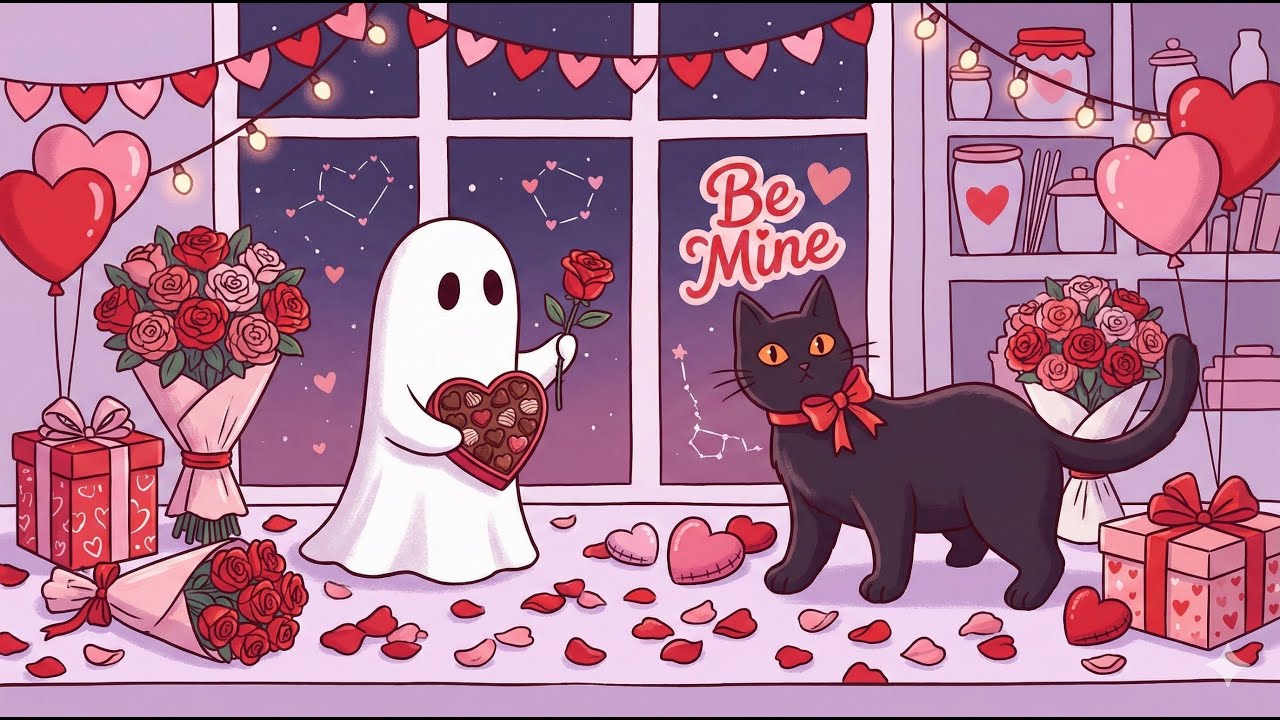 Ghost & Black Cat 💘 Valentine Lofi ~ Cozy Love Beats for Study, Relax & Sweet Nights 🌙🐾