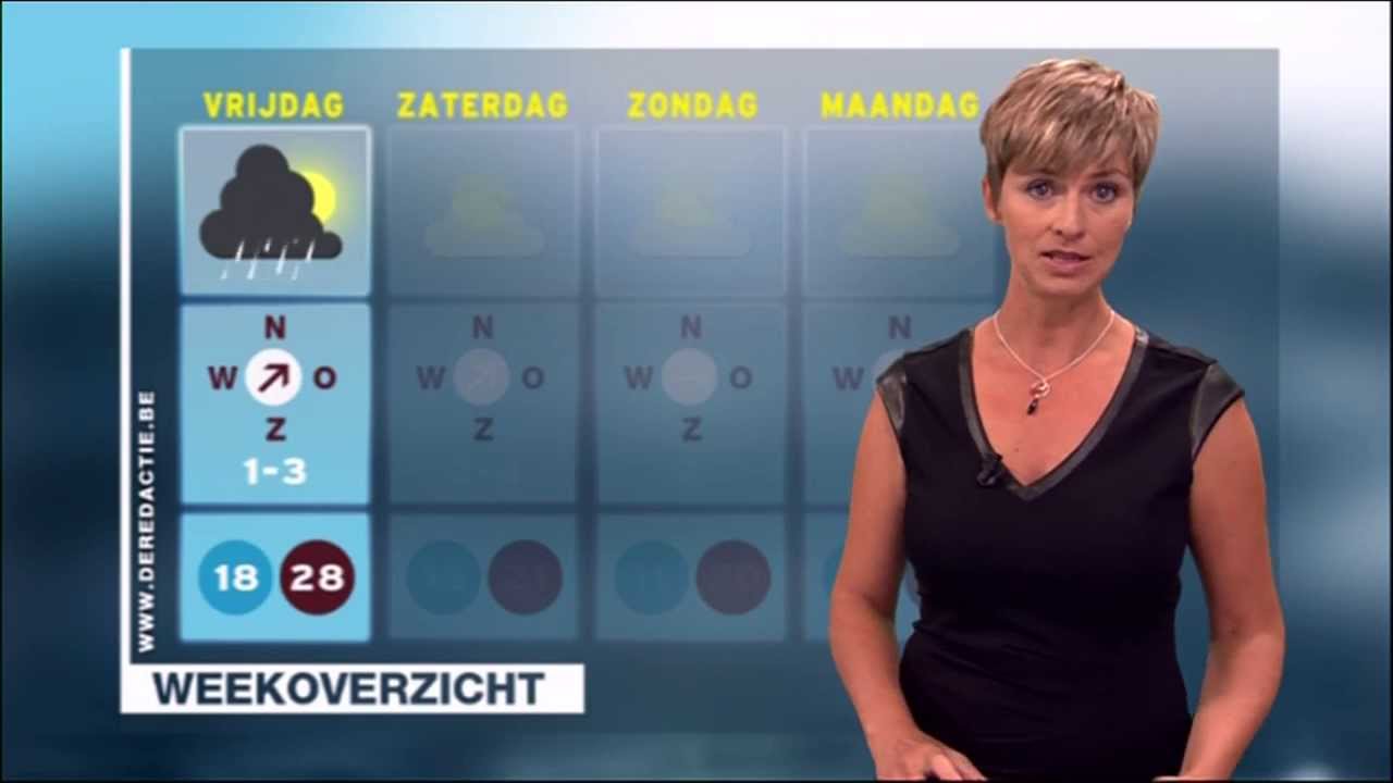 Weervrouw Sabine Hagedoren op 5 september 2013 met zomers weerbericht voor Vlaanderen met knipoog