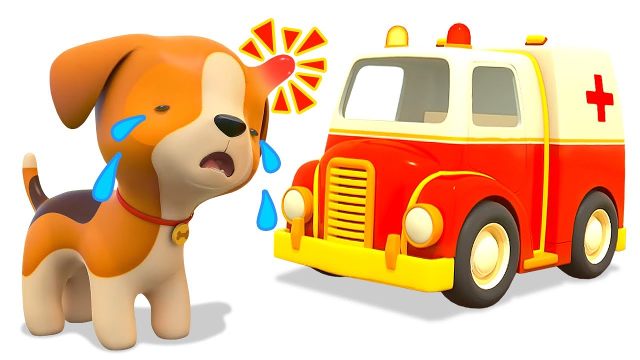 The ambulance helps the puppy with his bump. Helper Cars and working machines pick fruit.