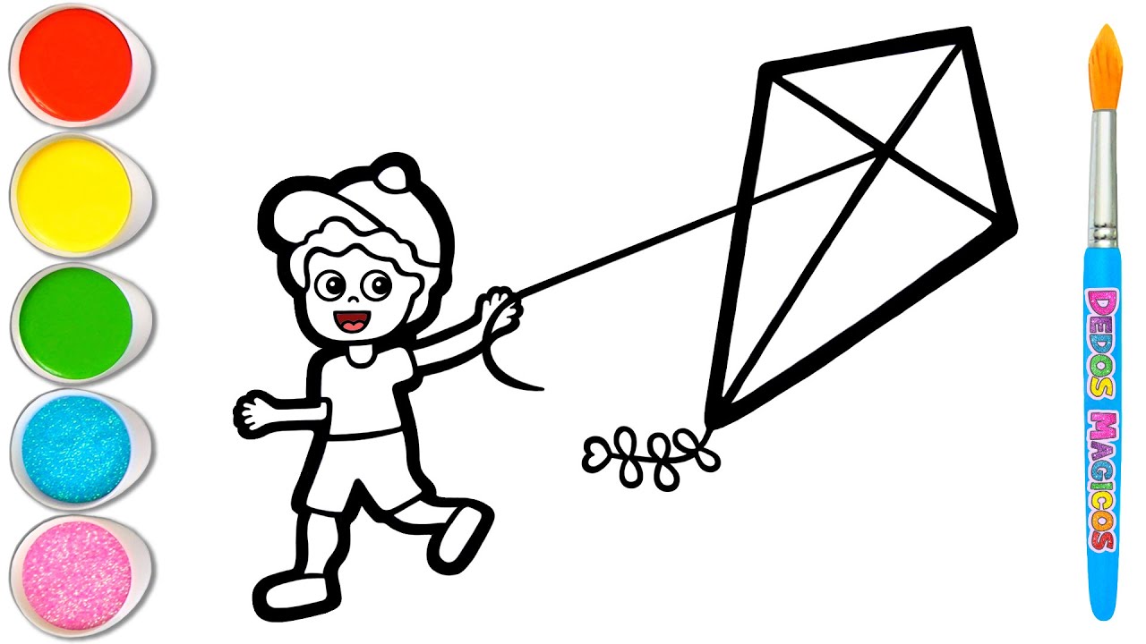 👦🪁 Dibujar y Pintar un Niño Volando una Cometa Imagen para Niños y Niñas | Dibujo Fácil #240