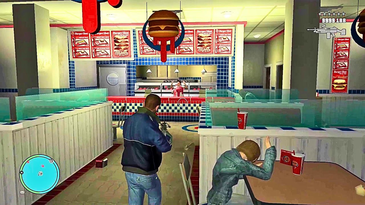 GTA 4 - SHOOTOUT AT BURGER SHOT + SIX STARS WANTED LEVEL