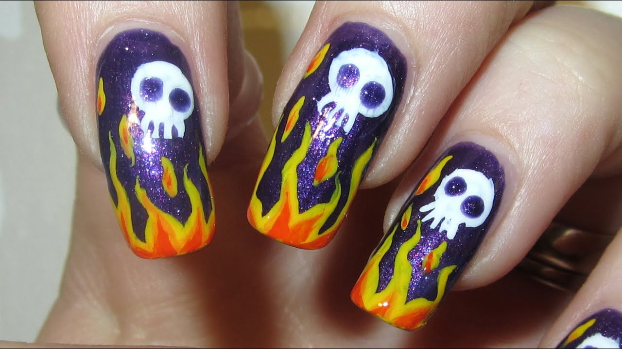 Badass Flame Design with Cute Skulls Shimmery Dark Purple Backround Nail Art Tutorial