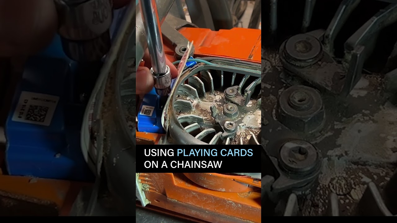 Steven uses playing cards to gap the ignition coil on a chainsaw  #tipsandtricks #diy #chainsaws