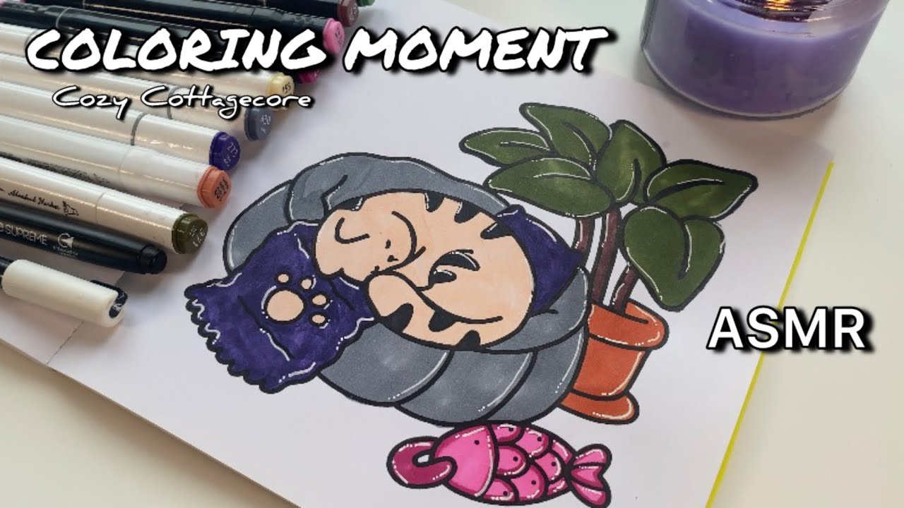 تلوين قطة نائمة بألوان الماركر 🐈💤 | Cozy Cat Coloring with Markers	•	ASMR	•	Coloring	•	Relaxing✨ 