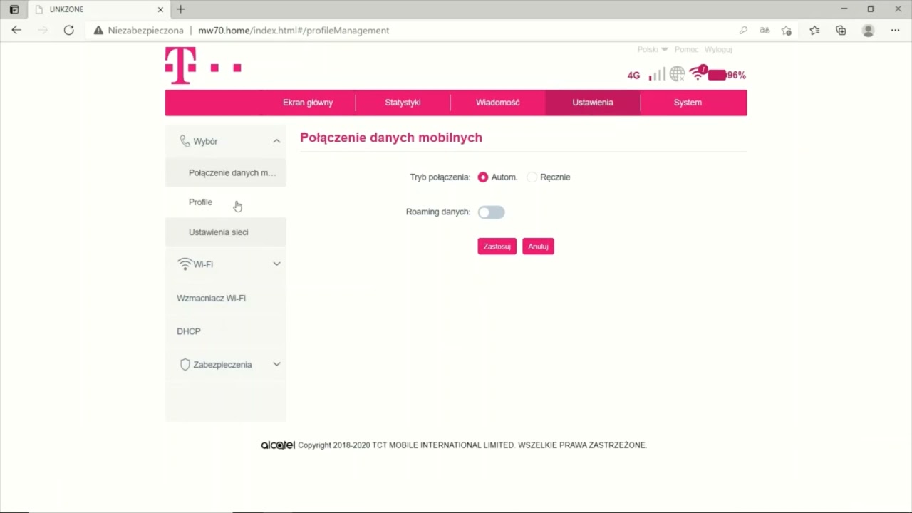 Konfiguracja routera Alcatel Link Zone MW70