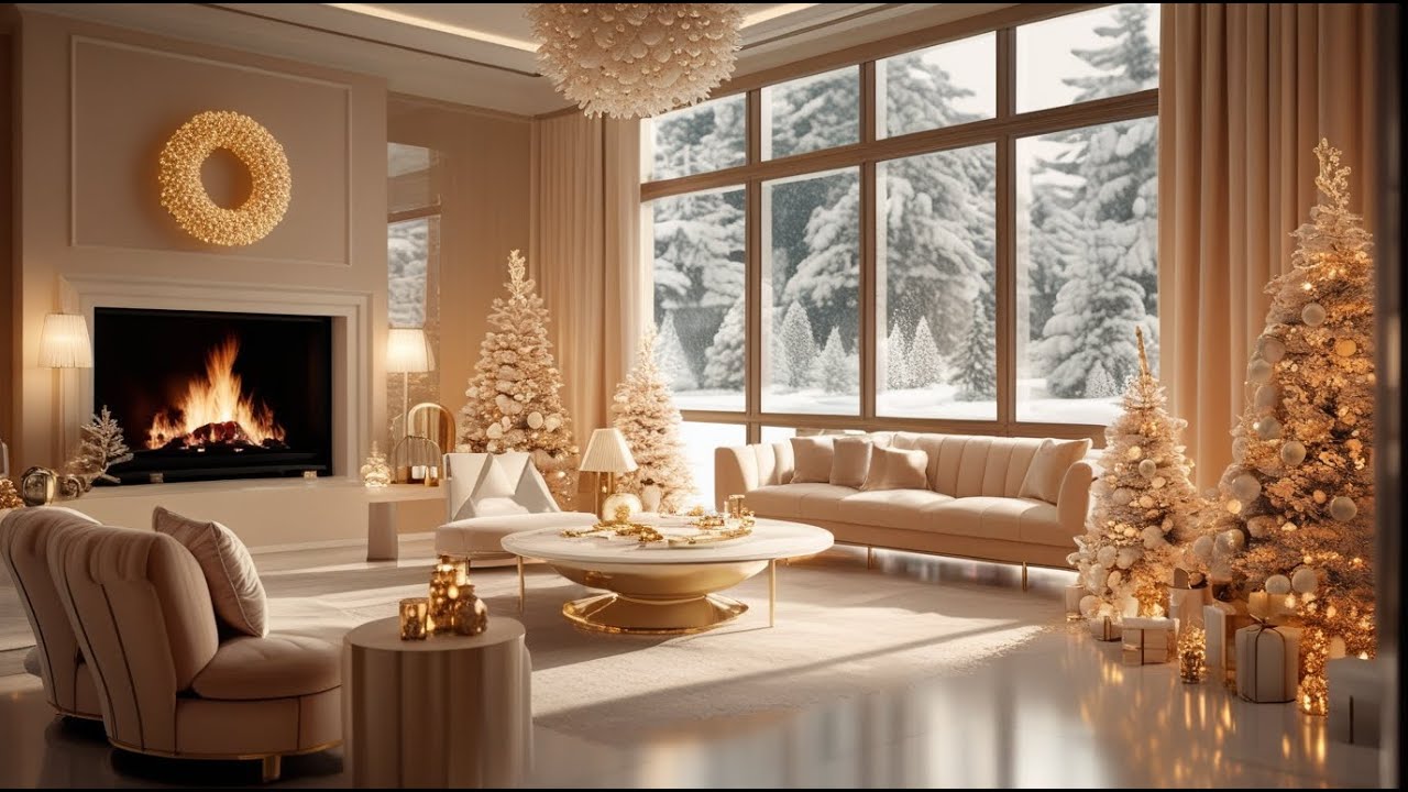 Luxury Cozy Fireplace | Falling Snow & Calm Piano for Focus