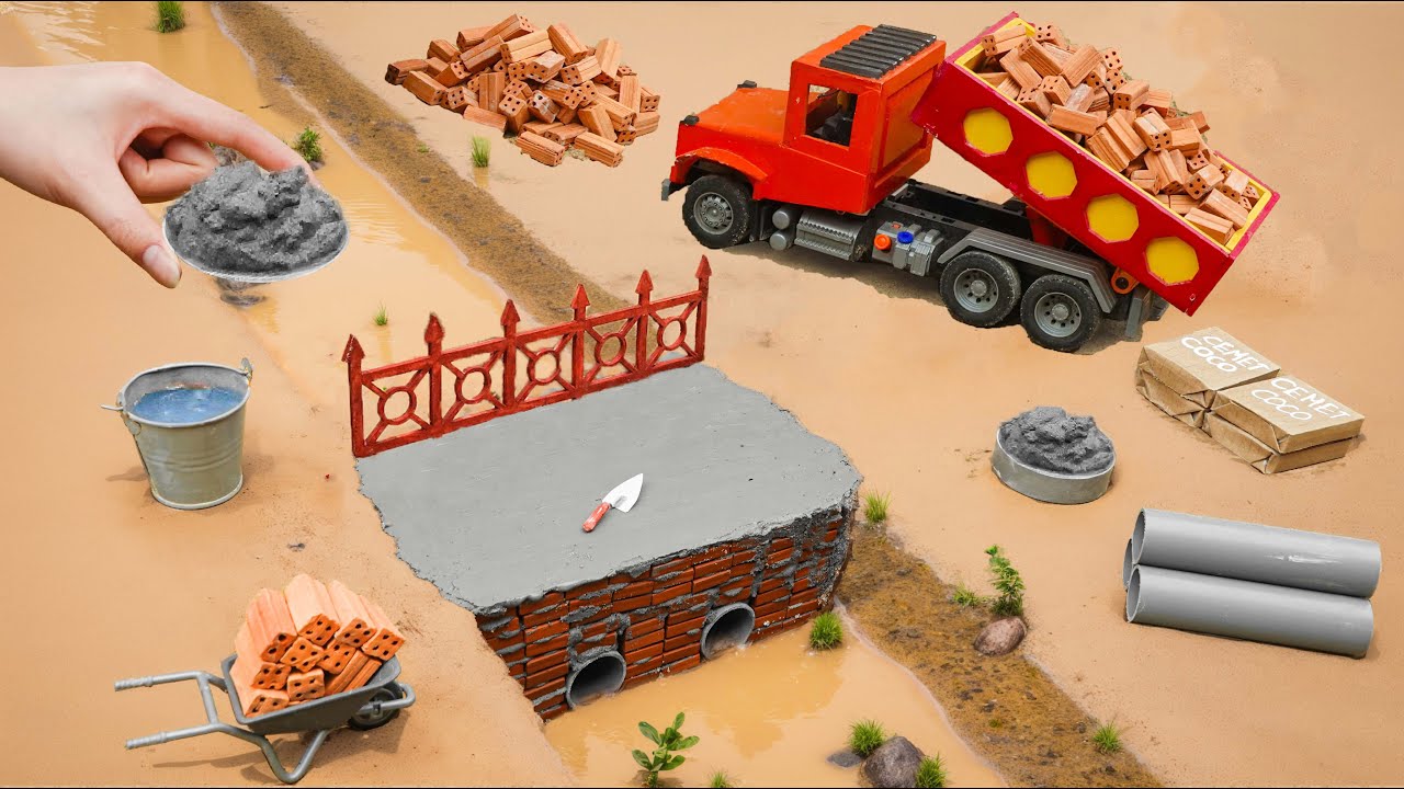 Diy mini truck making bricks and home pipe bridge construction science project
