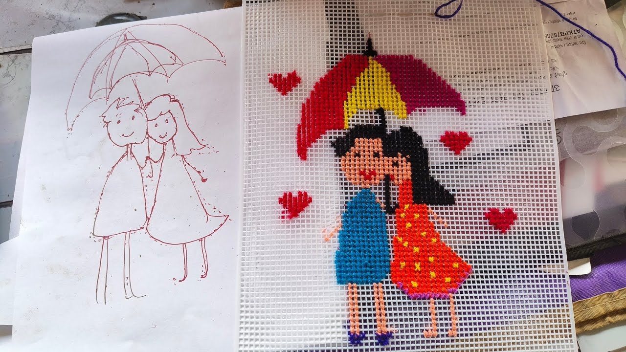 Cross stitch on plastic net /couple cartoon design/wall stickers