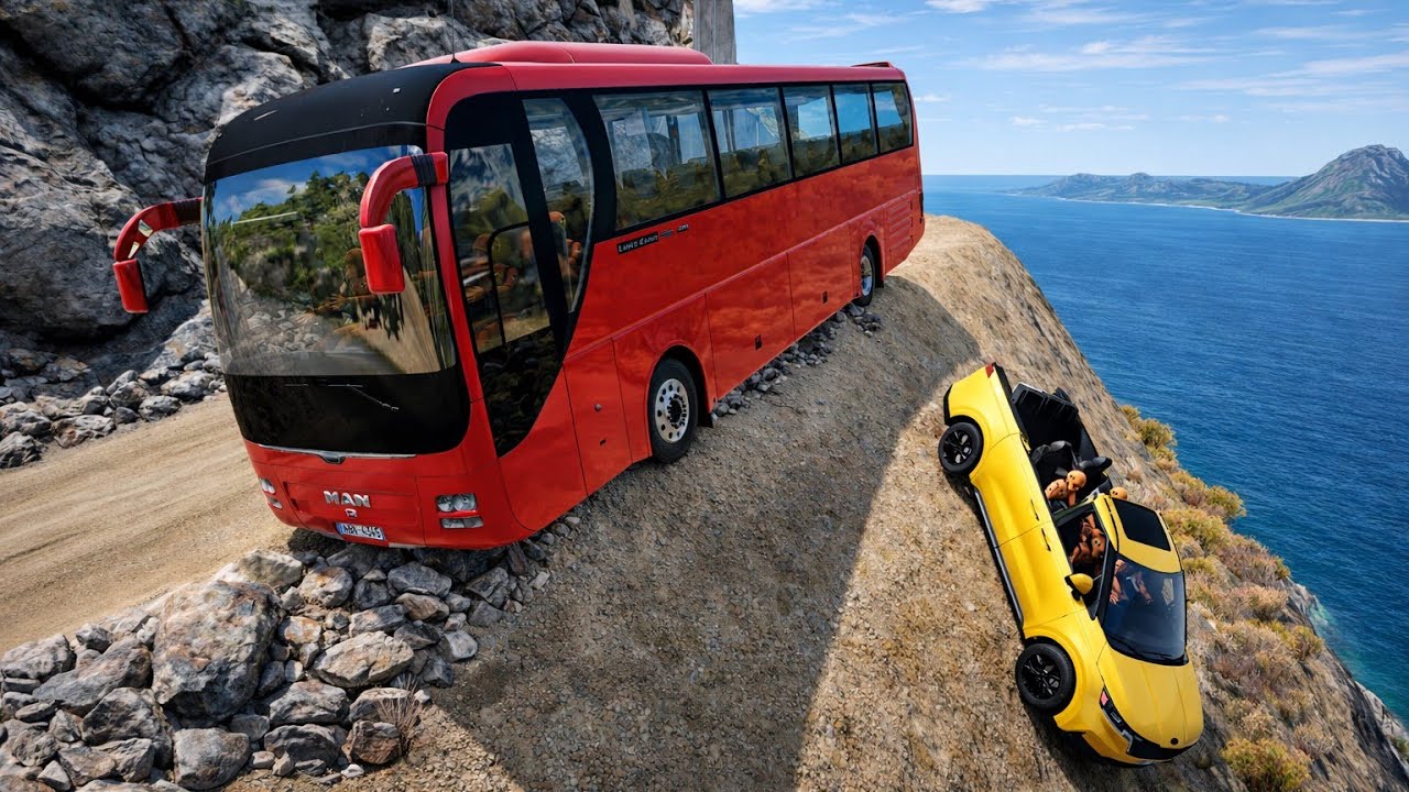 High Speed Bus vs Car Crash on Dangerous Cliff Road 😱/BeamNG drive