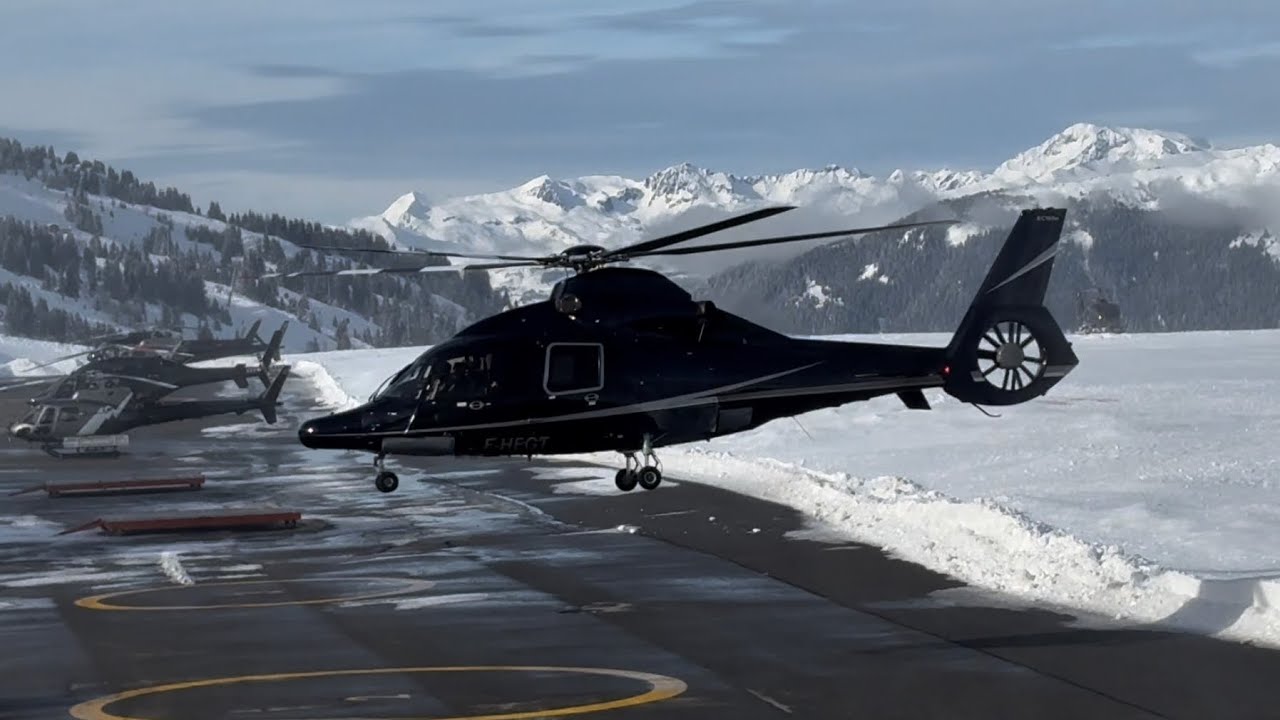 Landing and take-off at Courchevel Altiport of an Airbus EC155