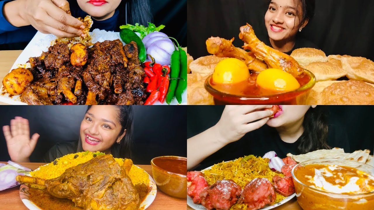 ASMR EATING WHOLE MUTTON LEG CURRY CHICKEN CURRY WITH PURI PANEER BUTTER MASALA🤤 VIRAL ASMR MUKBANG 