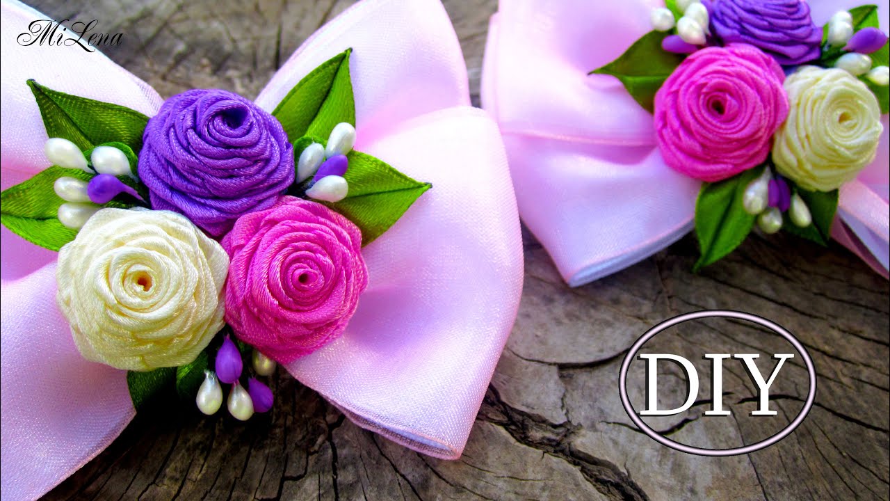 Бантики с Розами, МК / DIY Ribbon Bows with Rolled Roses