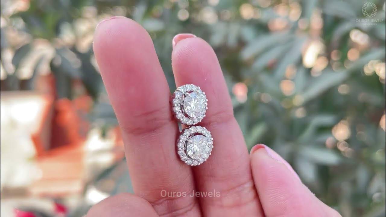 Round Cut Halo Diamond Stud Earring | Lab Diamond Round Cut Earring | Stud Earring    @ourosjewels
