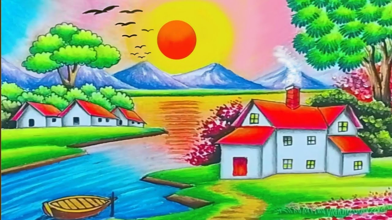 Peaceful calm nature scenery drawing with oil pastels step by step for beginners