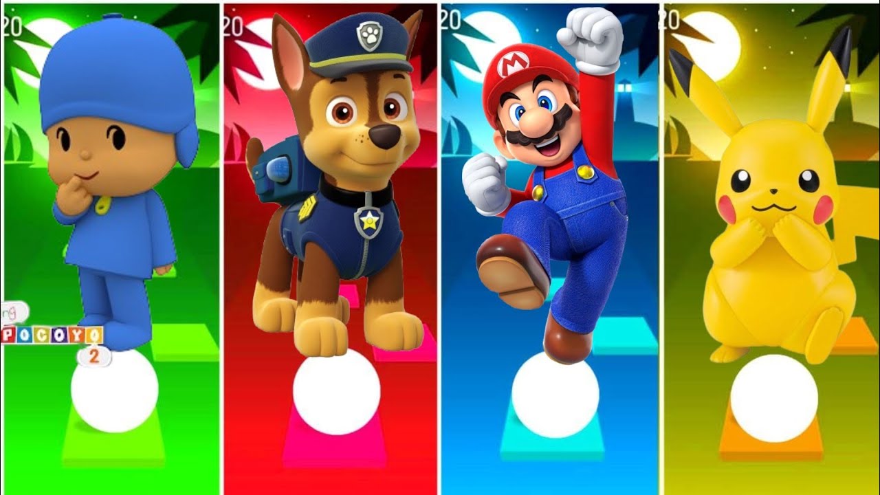 Pocoyo vs paw patrol vs super mario bros vs Pikachu Tilse hop Edm rush game. 