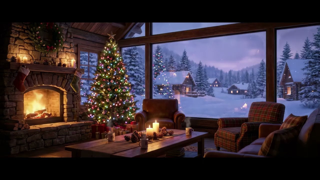 Christmas Cabin Ambience ❄️ Wind, Snow, Rain & Fireplace | No Music • No Ads