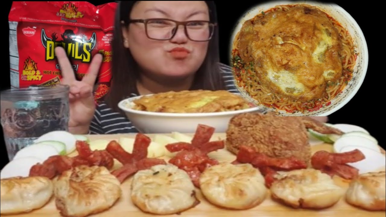Eating 3Packet Devils Noddles With Fry Egg And Buff Fry MoMo ,Crunchy Chicken Wing Sussage|Mukbang |