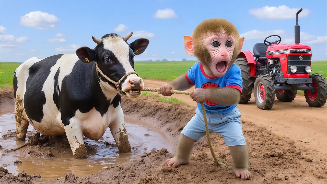 Bebé mono NaNa conduce un tractor y rescata a una vaca atrapada en el lodo.🐵✨