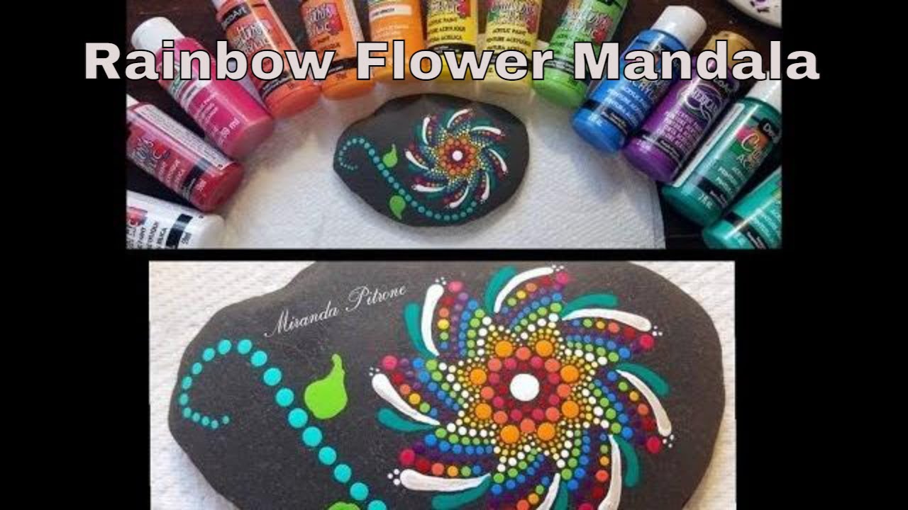 Rainbow Flower Dot Mandala on a natural rock - How to paint dot art w/ MirandaPitrone
