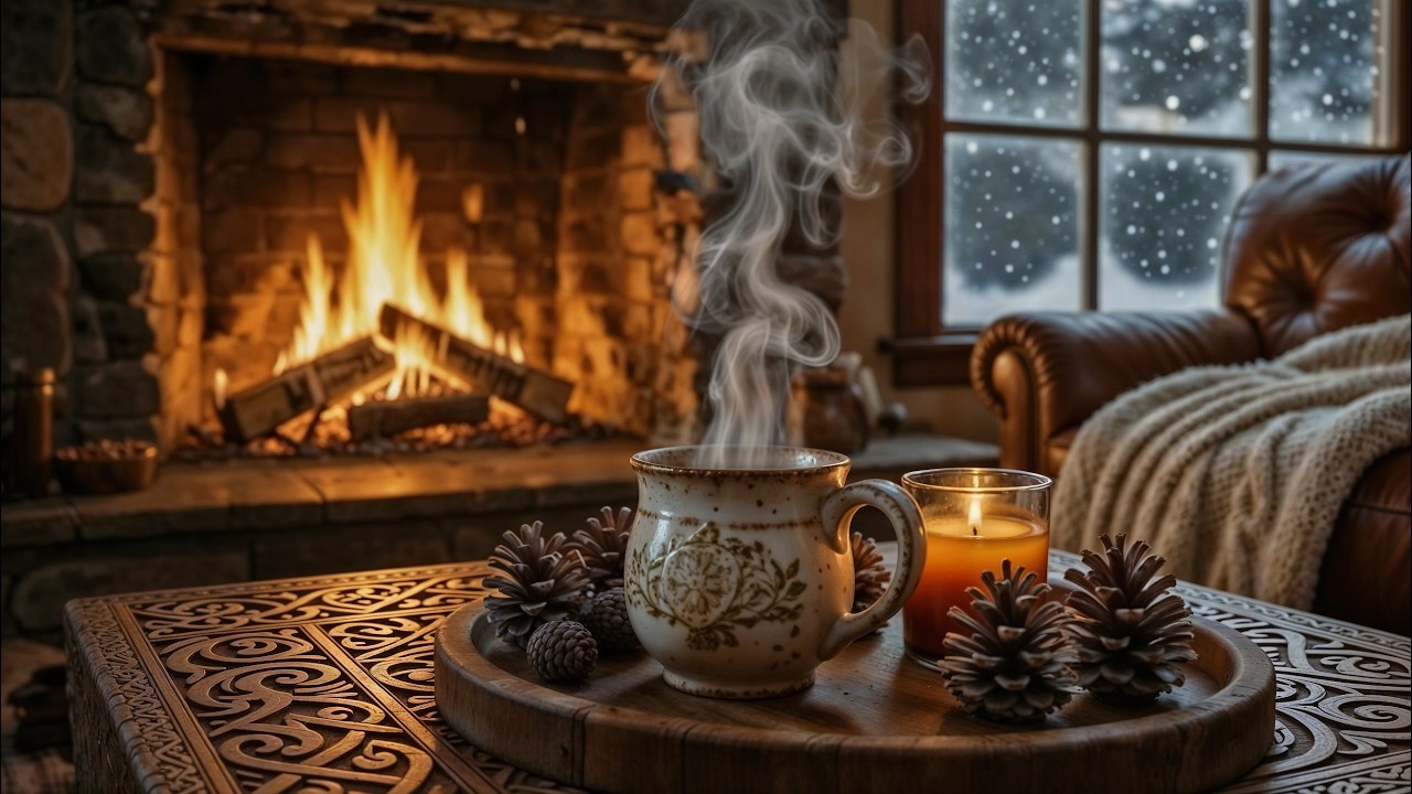 Cozy Winter Hearth with Steaming Mug & Snowy View ❄️🔥 Celtic Music & Crackling Fire for Relaxation
