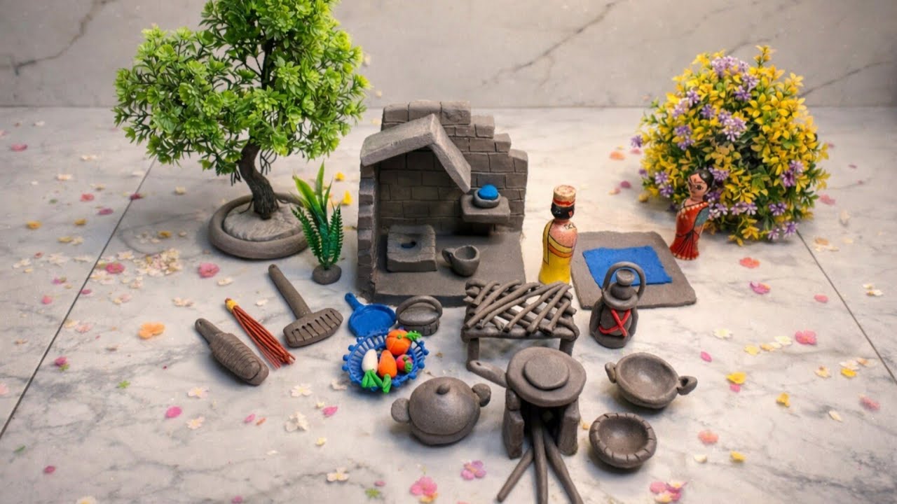 DIY How to Make Polymer Clay Miniature Village Washroom Set, Kitchen set, Charpai, Tree | Clay House