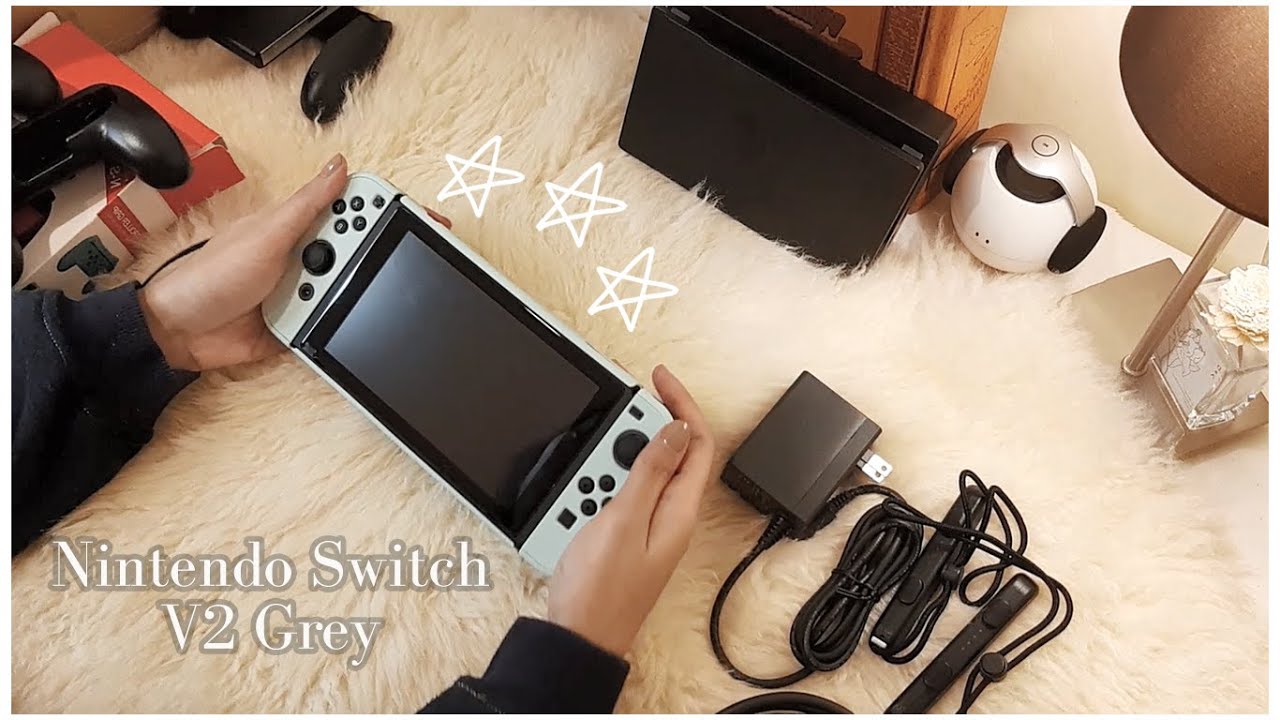 Unboxing 🎮Nintendo switch V2 grey + accessories, set up, and game cards🕹 (no talking, asmr🌿)