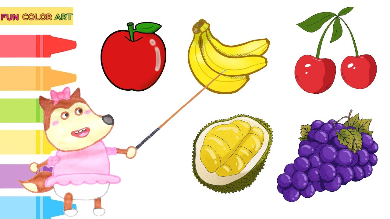 Изучайте ФРУКТЫ с Вулфу Люси | Рисование и раскраски для детей #яблоко #банан #вишня #дуриан