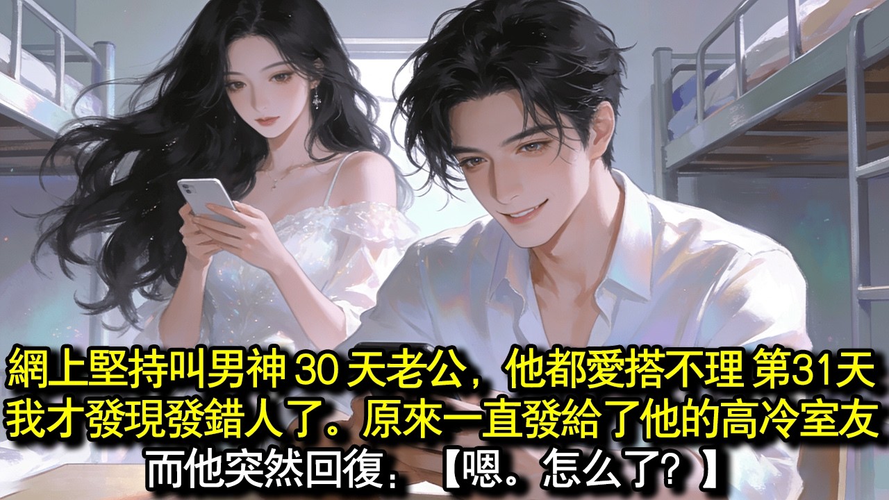 網路上堅持叫男神 30 天老公，他都愛搭不理。第 31 天，我才發現自己發錯人了。原來我一直發給他的高冷室友。而他突然回覆：【嗯。怎麼了？ 】#完結 #愛情 #故事