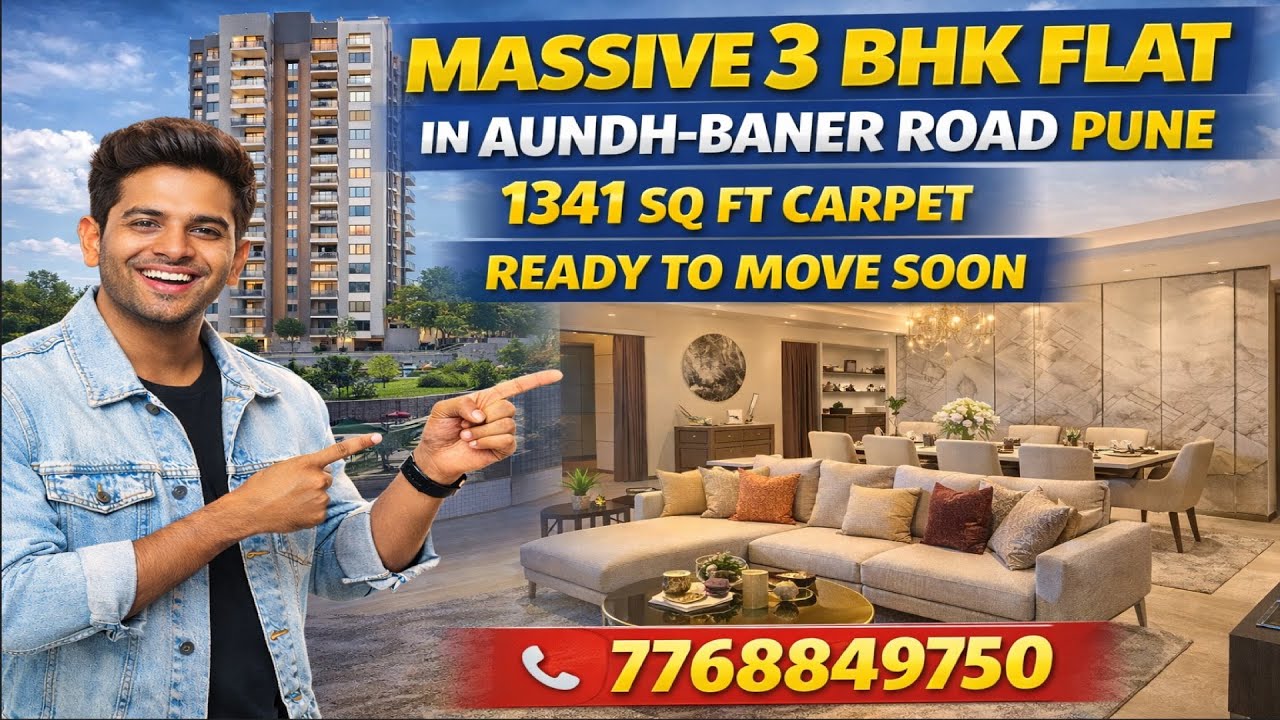 Massive 3 BHK Flat in Aundh-Baner Road Pune | 1341 Sq Ft Carpet | Ready to Move Soon | 7768849750