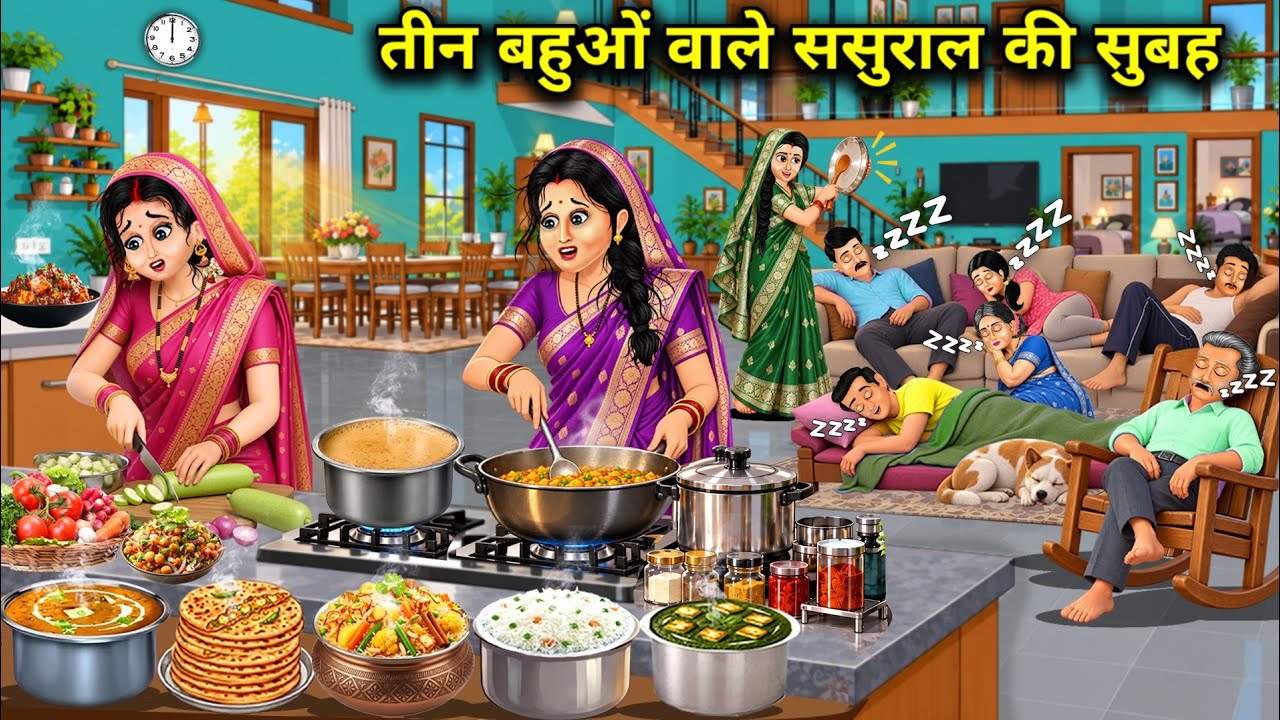 तीन बहुओं वाले ससुराल की सुबह||Cartoon Videos||Morning at the in-laws' house with three daughters-in
