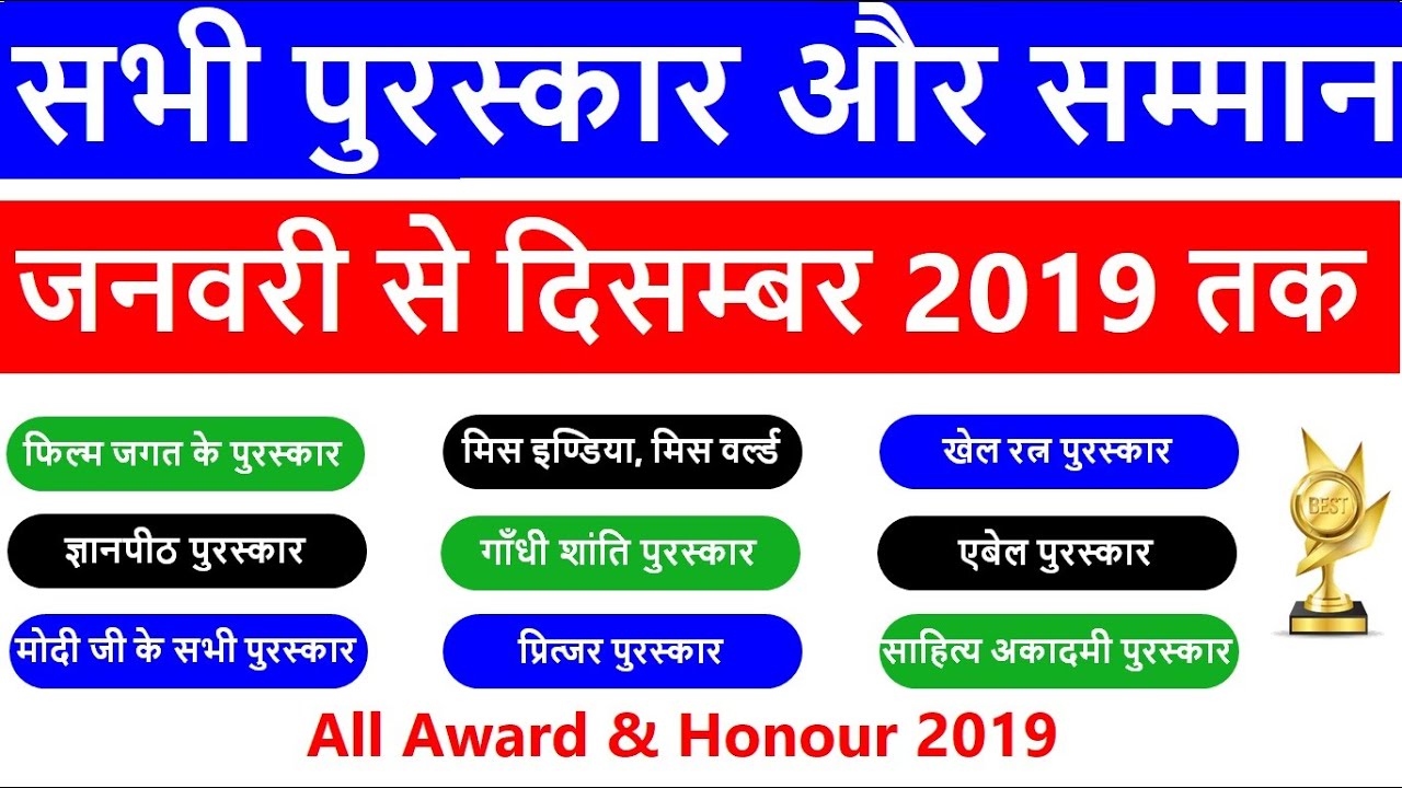 2019 के सभी पुरस्कार और सम्मान / Awards and Honours 2019 / Current Affairs 2020 in hindi - edujosh