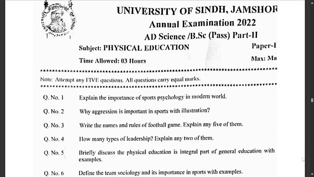 Physical Education paper 1 past paper 2022 || AD Science & BSC part 2 || Sindh university