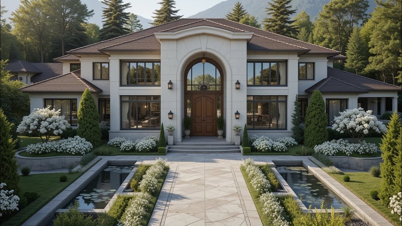 Elegant Luxury Mansion with Symmetrical Landscaping and Modern Architecture