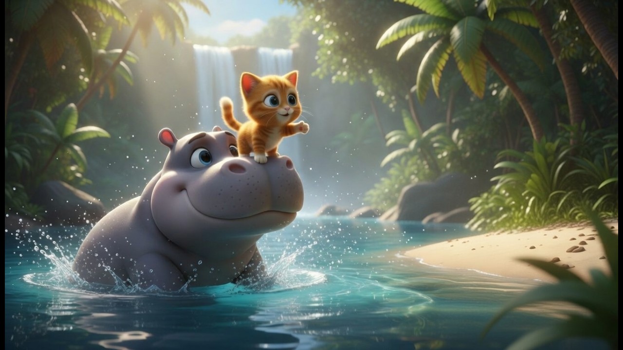 Splash! Sunny the Cat & the Baby Hippo's First Swim! 🐱🦛