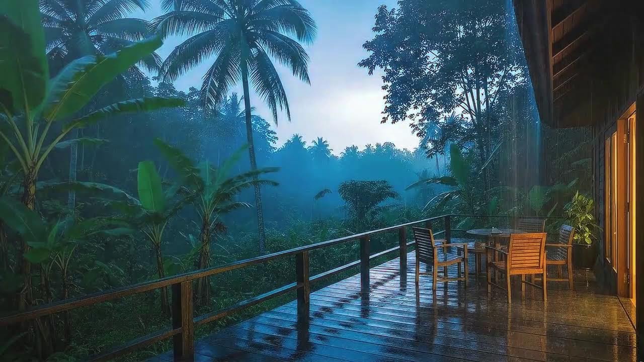 Drift to Sleep with Steady Rain Sounds and Rolling Thunder at Forest Cabin Terrace 🌧️