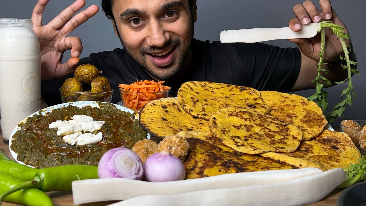 EATING MAKKI DI ROTTI & SARSO KA SAAG WITH LASSI | PUNJABI FOOD MUKBANG | WINTER SPECIAL FOOD | ASMR
