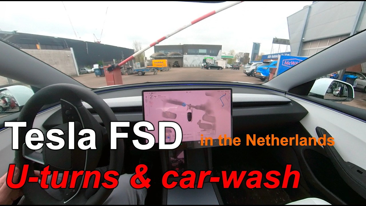 Tesla FSD city driving, U-turns, and a car-wash tip.