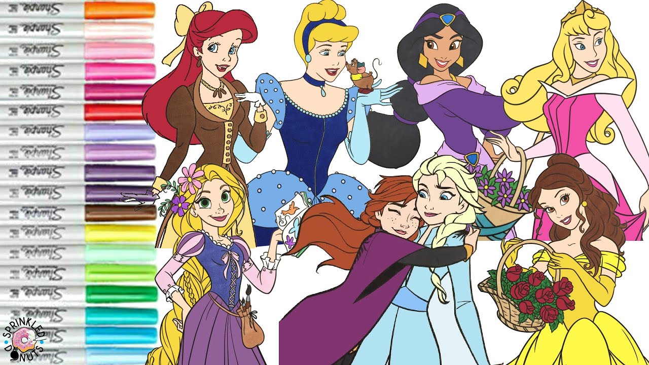 Disney Princess Coloring Book Compilation Anna Elsa Ariel Belle Jasmine Aurora Rapunzel Cinderella
