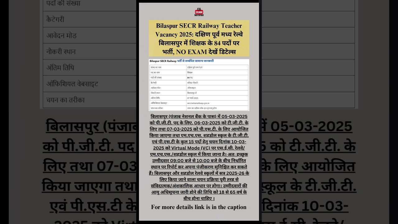 Bilaspur SECR Railway Teacher Vacancy 2025.