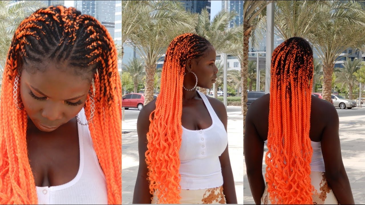DIY Super Bright Orange Knotless Goddess Braids On Dark Skin | Long box braids with cornrows