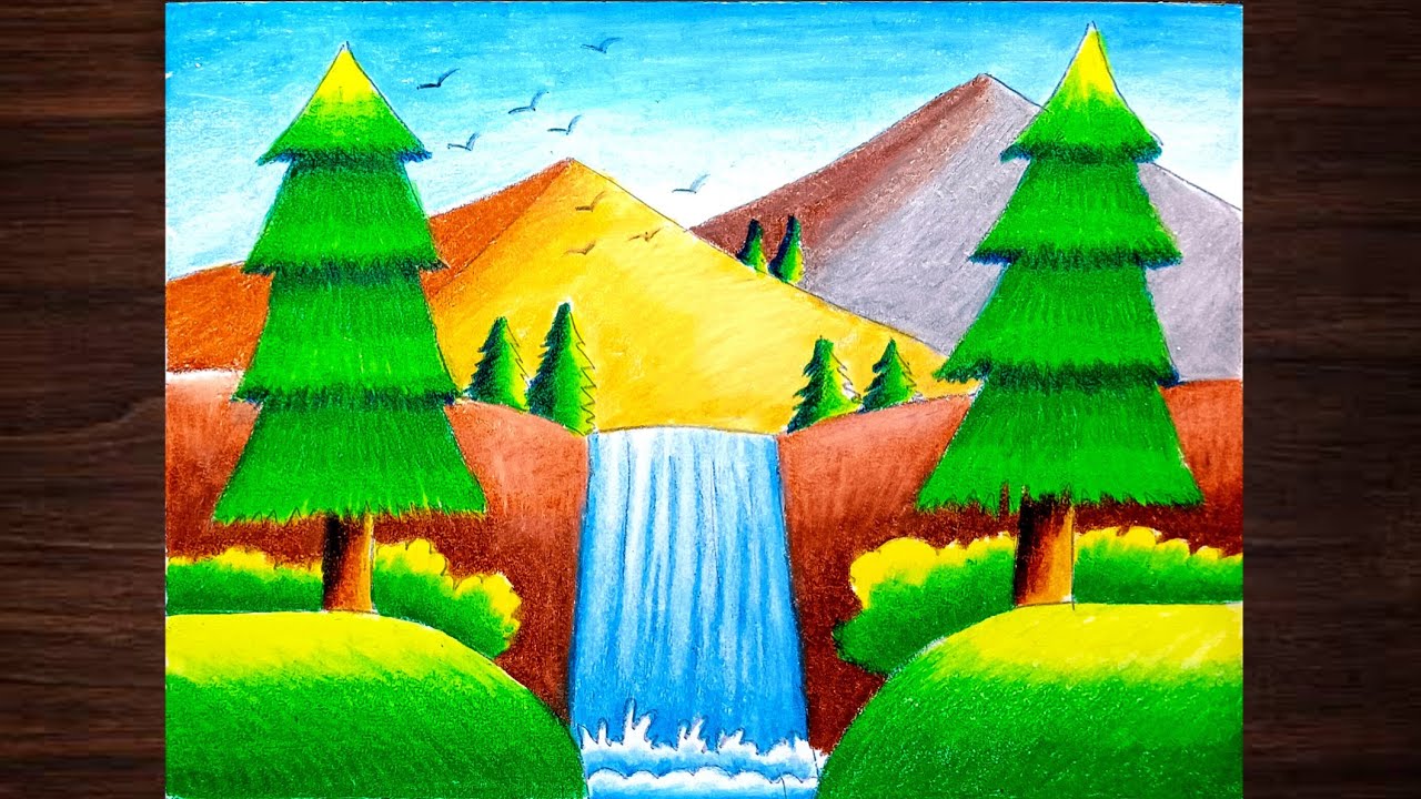 Hill scenery drawing step by step/Waterfall scenery drawing with oil pastels