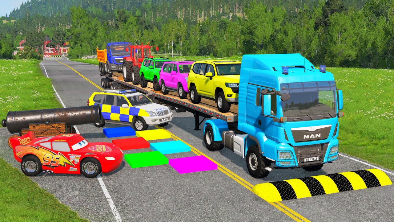 Triple Flatbed Trailer McQueen Transportation with Truck - Speedbumps vs Cars vs Train - BeamNG #5