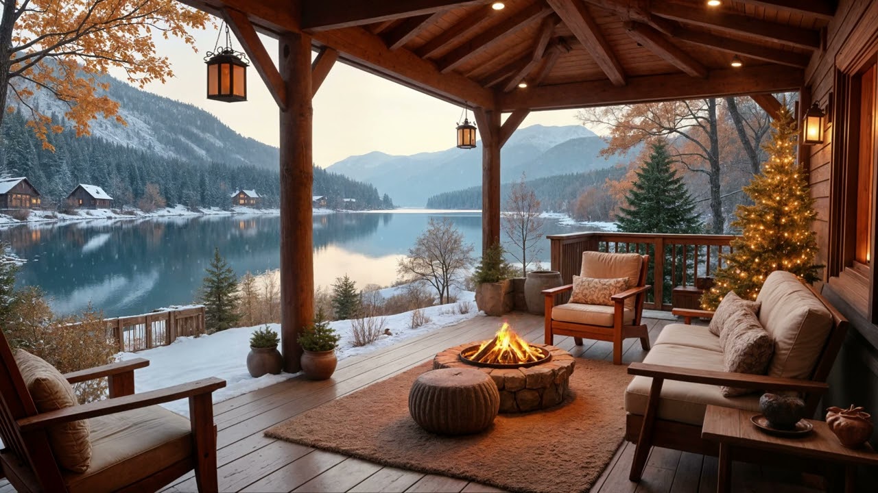 Lakeside Winter Retreat: Cozy Relaxing Crackling Fire and Peaceful Snow Falling For Relaxing