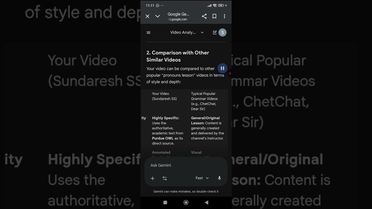Gemini AI's opinion of my video on Pronouns from Purdue University's Online Writing Lab (OWL).