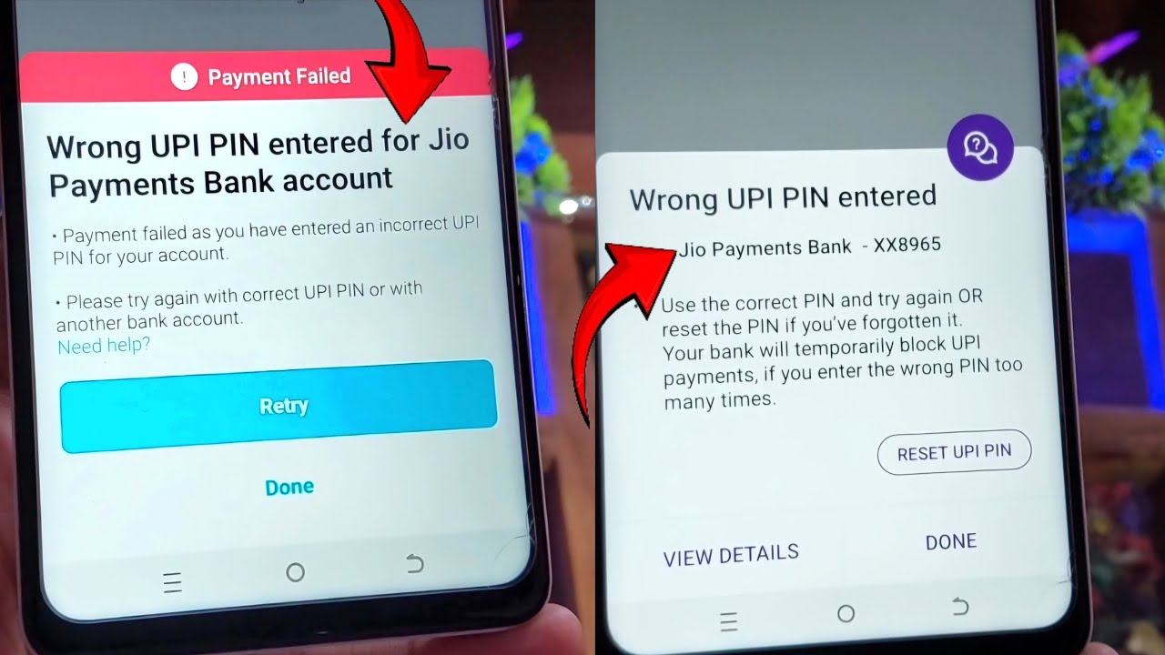 wrong upi pin entered for jio payments bank account | payment failed entered wrong upi pin