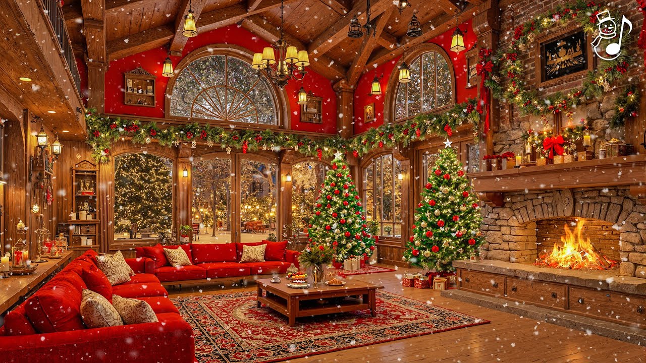 Warm Fireplace Ambience 2025 | Snow Christmas Night with Soft Piano & Cozy Cabin Vibes