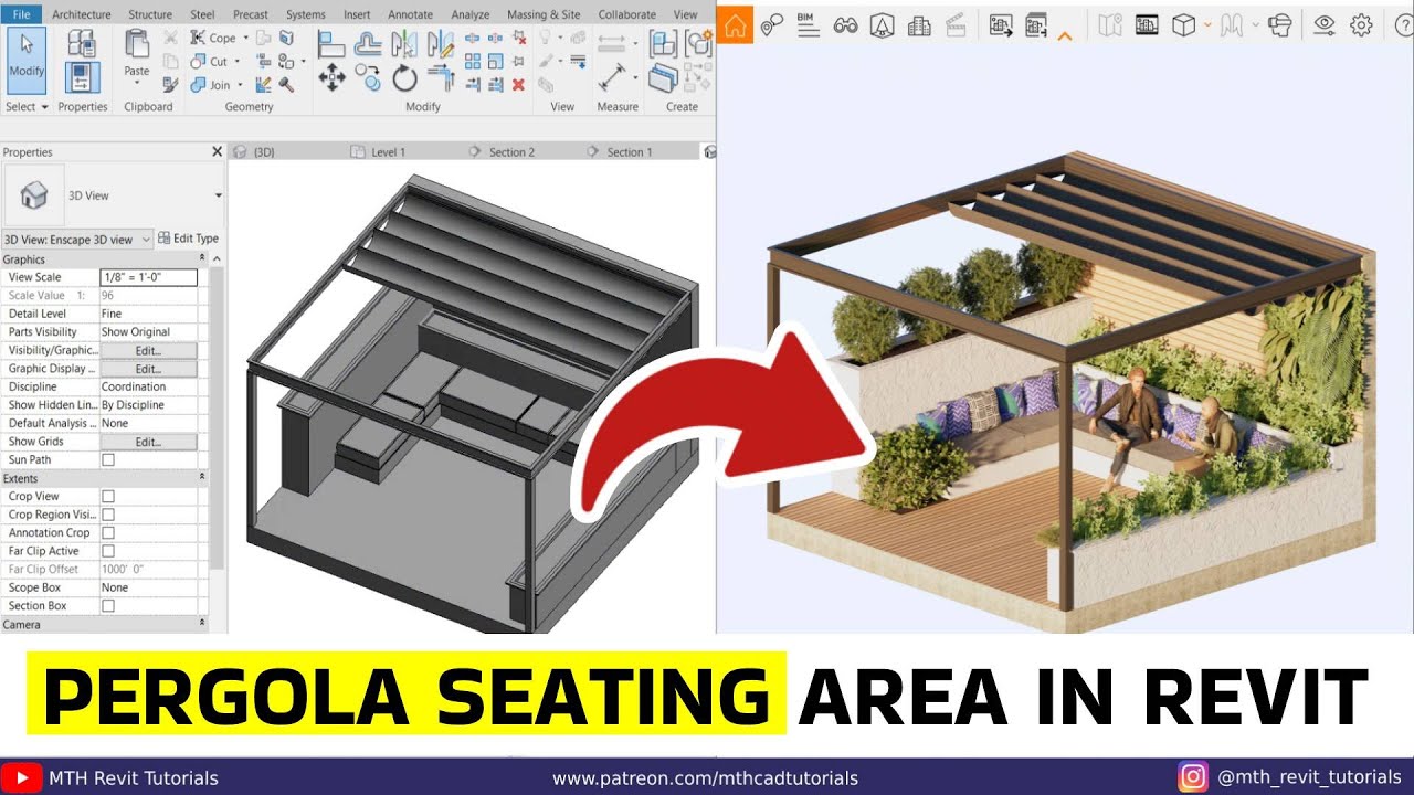 Pergola Seating Area in Revit | Isometric Rendering