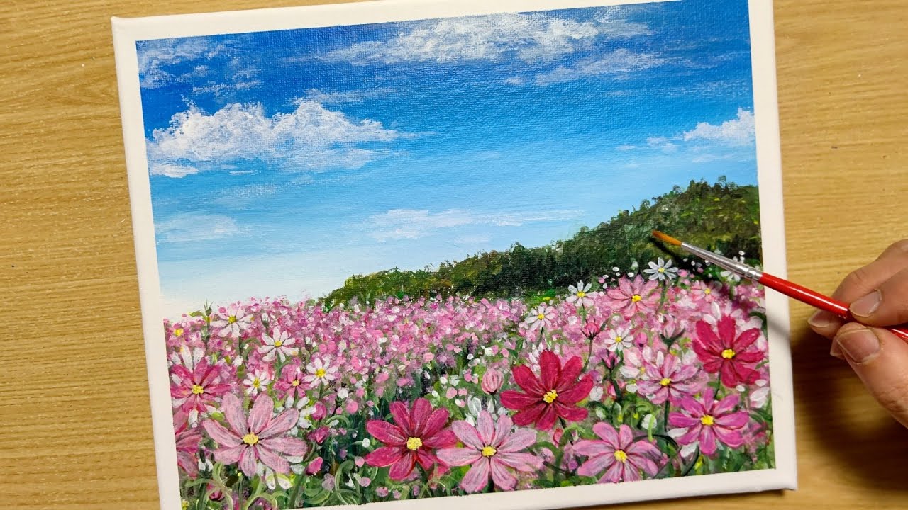 アクリル絵の具で【コスモスの花畑】の描き方/風景/初心者のための簡単なアクリル画/Step by step
