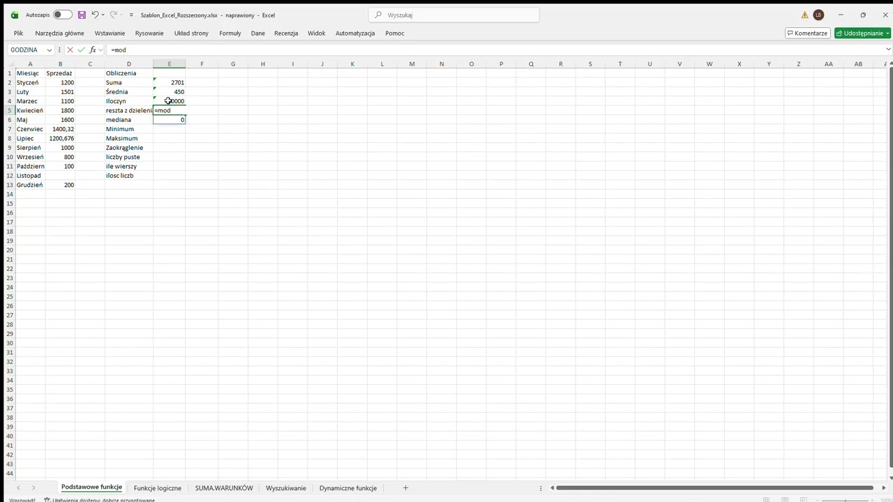 Podstawowe funkcje używane w Excel