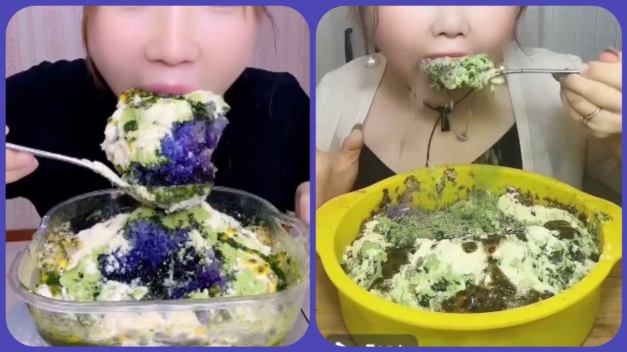 PURPLE ICE WITH PASSION FRUIT & MATCHA MILK POWDER ASMR #iceeating 